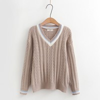Logo personnalisé Preppy Style col en V femmes pull Campus couleur assortie torsion corde câble tricoté pull chemise de fond