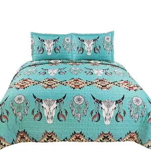 Hot Sale Western Bull Native Tribal Feather Artisan Southwestern Design Quilt Bedspread