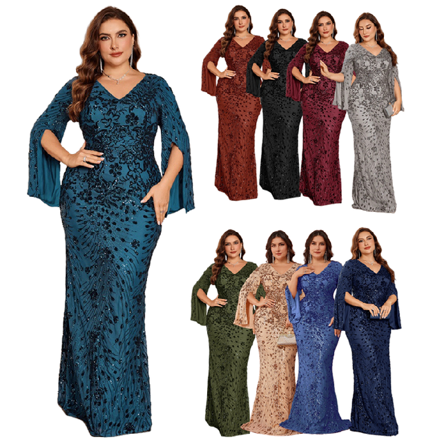 LY2345D Luxury Sequin Gowns for Women Evening Dresses Long Sleeve Slim Plus Size Mermaid Wedding Dresses for Bridesmaid Dress