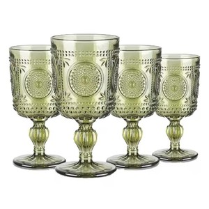 Gobelet à vin de luxe vintage gaufré vert olive, verre teinté sans plomb à motifs multiples pour vin, jus et cocktails - Product Image 1
