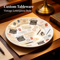 Service de table personnalisable en porcelaine fine, style moderne vintage avec lettrage en relief, vaisselle en céramique personnalisable