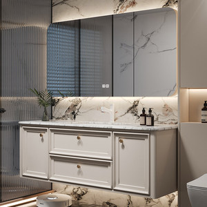 French-style luxury stone slab seamless ceramic basin smart <b>mirror</b> natural marble bathroom cabinet - Product Image 2