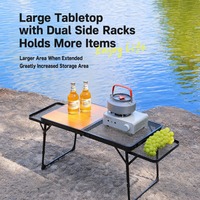 Table pliante portable à double aile avec plateau imitation bois et panneau en maille, idéale pour le camping, la pêche, la plage, les barbecues et les terrasses.