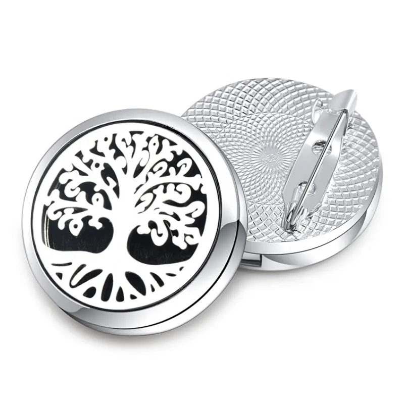 Popular Stainless Steel Plating Silver Hollowed Out Brooch Custom Tree Of Life Cat Peach Heart Butterfly Perfume Diffuser Brooch
