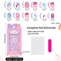 Faux-ongles courts avec motif de cœur pour enfants, 24 pièces, pour fille, couverture complète, avec autocollant en gelée