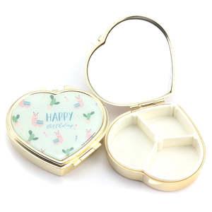 <b>Heart</b> Compact Pill <b>Box</b> with HD Glass Mirror Gold Electroplated Metal 3 Compartment Travel Pill Case Jewelry Storage Container - Product Image 4