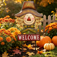 Piquet de bienvenue artisanal en métal pour l'extérieur, motif élogeuse avec chapeau et nœud, pour la décoration de jardin et pelouse en automne