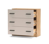 Commode moderne en chêne bicolore à 3 tiroirs avec poignées noires et glissières à billes pour chambre à coucher et projets hôteliers