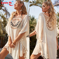 Col en V évider maillot de bain Crochet mousseline de soie été plage couvrir robe pour les femmes
