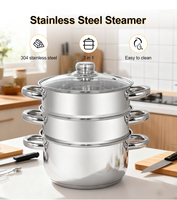 Casserole vapeur multifonctionnelle à 3 niveaux en acier inoxydable avec poignée