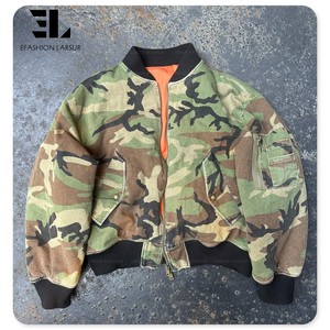 LARSUR Custom Factory Sun Faded Cotton Twill Camo Quilted Puffer Jacket Distress Vintage Wash Camouflage Crop Bomber Jacket - Product Image 1