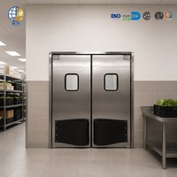 Porte coulissante double à double battant en acier inoxydable, conforme aux normes GMP, anti-collision, adaptée aux salles blanches pharmaceutiques et cosmétiques.