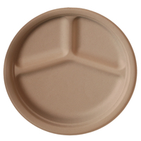 Assiette ronde de 9 pouces en bagasse à 3 compartiments, personnalisée, prix d'usine, emballage sur mesure