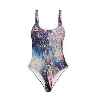 Baju renang wanita model push up U Neck High Cut One Piece dengan motif rusa dan bunga warna-warni, logo di depan, ukuran besar, pakaian pantai untuk liburan