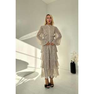 Vestido de Gasa con Puntos Blancos, Cuello Mandarín, Corte Holgado, Uso Diario Informal, Cintura Natural, Tela Translúcida - Product Image 3