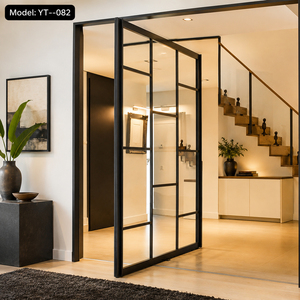Porta Pivotante in Vetro e Lega di Alluminio Nera a Griglia, Porta d'Ingresso Moderna Personalizzata per Interni - Product Image 1