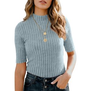 Camiseta de Punto para Mujer, Cuello Alto, Manga Corta, Corte Ajustado, Color Azul Claro, Estilo Casual, para Todas las Temporadas, Tejido de Punto Acanalado Suave - Product Image 2