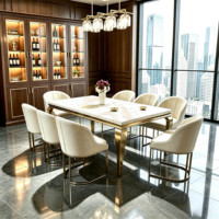 Table à manger rectangulaire moderne en marbre avec pieds en acier inoxydable, ensemble de six chaises, mobilier de maison