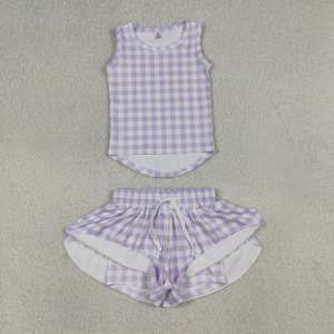 Conjunto deportivo sin mangas para niñas, con estampado a cuadros morado claro, modelo GSSO3477 RTS, para yoga, verano, venta al por mayor. - Product Image 3
