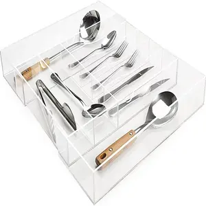 Simple Clear Acrylic Expandable Kitchen Drawer Organizer Clear Acrylic Adjustable Silverware Tray for Flatware and Utensils