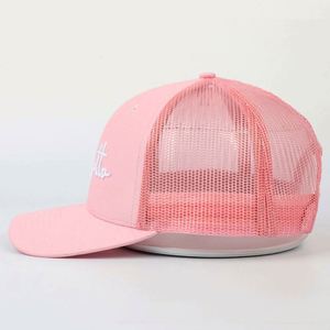 OEM Service 6 Panel Low Profile Women <b>Pink</b> Ponytail Trucker Hat, Cotton Mesh 3D Embroidered Slightly Curved Brim Trucker Hat - Product Image 3