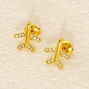 Boucles d'oreilles pour femme en acier inoxydable 316L plaqué or 14k 18k PVD, couleur or personnalisée, motif avion avec diamants, tendance - Product Image 2
