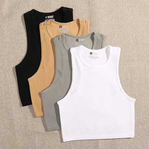 Haut court d'été pour femmes de haute qualité respirant côtelé <span class=keywords><strong>blanc</strong></span> Logo personnalisé impression broderie basique court haut tricoté pour femmes - Product Image 1