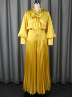 AM050524SET Ensemble Deux Pièces Femme Décontracté Or en Satin Brillant : Haut à Col Noué et Manches Lanternes Longues, Pantalon Plissé à Jambes Larges