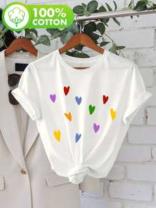 T-shirt da donna taglie forti con stampa colorata a cuori, manica corta, girocollo, vestibilità comoda, top casual estivo 100% cotone - Product Image 3