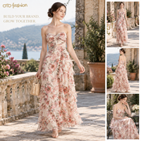 Robe longue rose à fleurs pour femme, col cœur, corsage froncé, volants superposés, soirée, personnalisable OEM, marque privée
