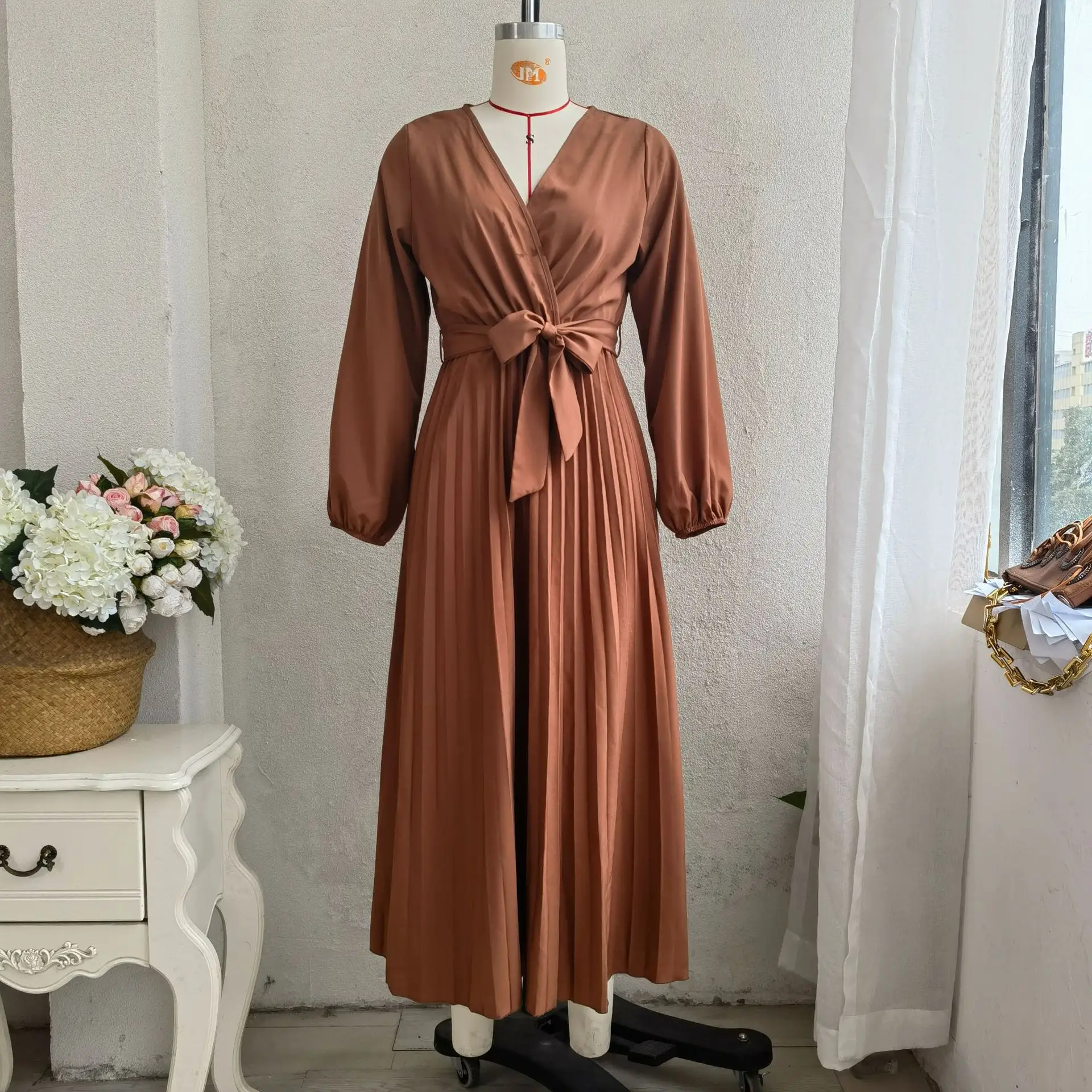 Vestido crosped decote em v chiffon, vestido casual feminino, elegante, cintura, maxi, plissado, plissado