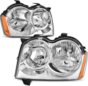 Gruppo fari compatibile con 2005 2006 2007 Grand <span class=keywords><strong>Cherokee</strong></span> 05 06 07 faro cromato alloggiamento trasparente lente ambra riflettore - Product Image 1