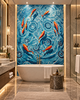 Seni Mural Mosaik Kaca Buatan Tangan Khusus Desain Ikan Koi untuk Dekorasi Dinding Interior Kolam Renang Hotel Villa