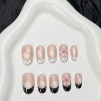 T2005 – Kit d'ongles artificiels en acrylique faits main, courts, en forme d'amande, 10 pièces, vente en gros, motifs floraux français, fournitures pour ongles.