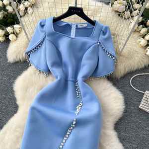 Robe Midi Décontractée Grande Taille Printemps 2025 pour Femme, Col Carré, Imprimé Numérique Tissé, Fendue, Coupe Empire, Ornée de Perles, Pompons et Dentelle, Style Bodycon - Product Image 2