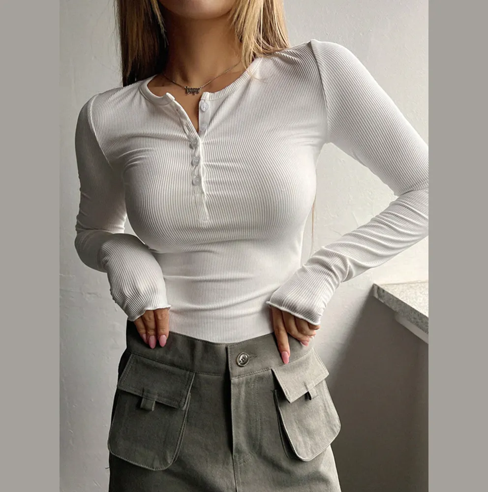 2023 Frauen Knopf gerippt Tops Mädchen Plain T-Shirt Schlankes gestricktes T-Shirt für Winter Herbst Frau Kleidung