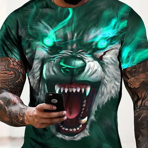 T-shirt da <span class=keywords><strong>uomo</strong></span> a maniche corte in maglia 3D personalizzata con stampa <span class=keywords><strong>lupo</strong></span>, taglie forti, 180g, casual elegante, con bottoni, spedizione gratuita - Product Image 1
