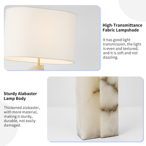 Lampe de table moderne en albâtre, décoration de chambre d'hôtel de luxe, arche en pierre asymétrique, base en laiton, abat-jour en tissu Savoye, grande lampe de table droite - Product Image 2