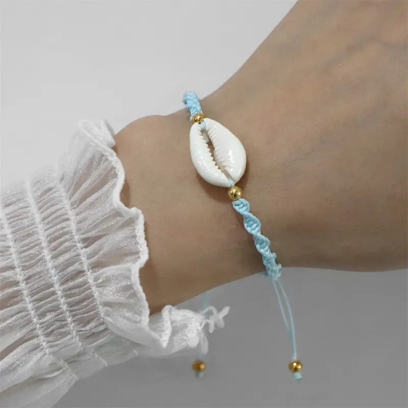 Zooying Adjustable String Summer Beach Solid Brass Beads Cowrie Shell Anklet Bracelet Jewelry