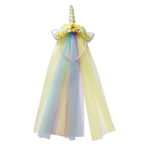 Gasa Arco Iris Color unicornio diadema princesa gradiente borla encaje Niña pelo ornamento tocado flor diadema - Product Image 6
