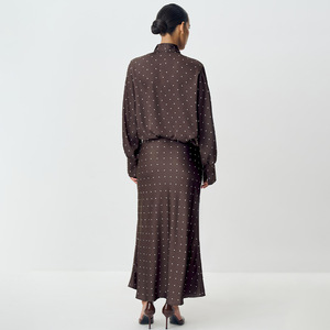 Women's Long Polka Dot <b>Skirt</b> High Neck Wrap Design Evening Dress Natural <b>Waist</b> Micro <b>Elasticity</b> FDL1684 - Product Image 3