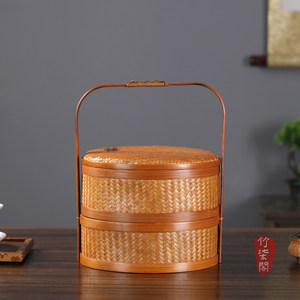 <b>Bamboo</b> Woven Basket Double Layer Lidded Round Food Storage <b>Container</b> For Tea And Fruit Kitchen Use - Product Image 2