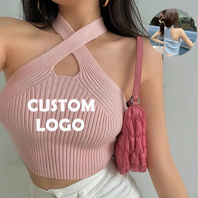 Fashion Streetwear Knitted Comfortable Soft Slim Gym Sexy Yoga Vest Cross Strap Off Shoulder Halter Sport Tank Top Women