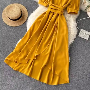 Một Kích Thước Mới Màu Rắn Xù Cạnh Ăn Mặc Khí Chất Bong Bóng Ngắn Tay Ăn Mặc Ren up Không Thường Xuyên Ăn Mặc - Product Image 5