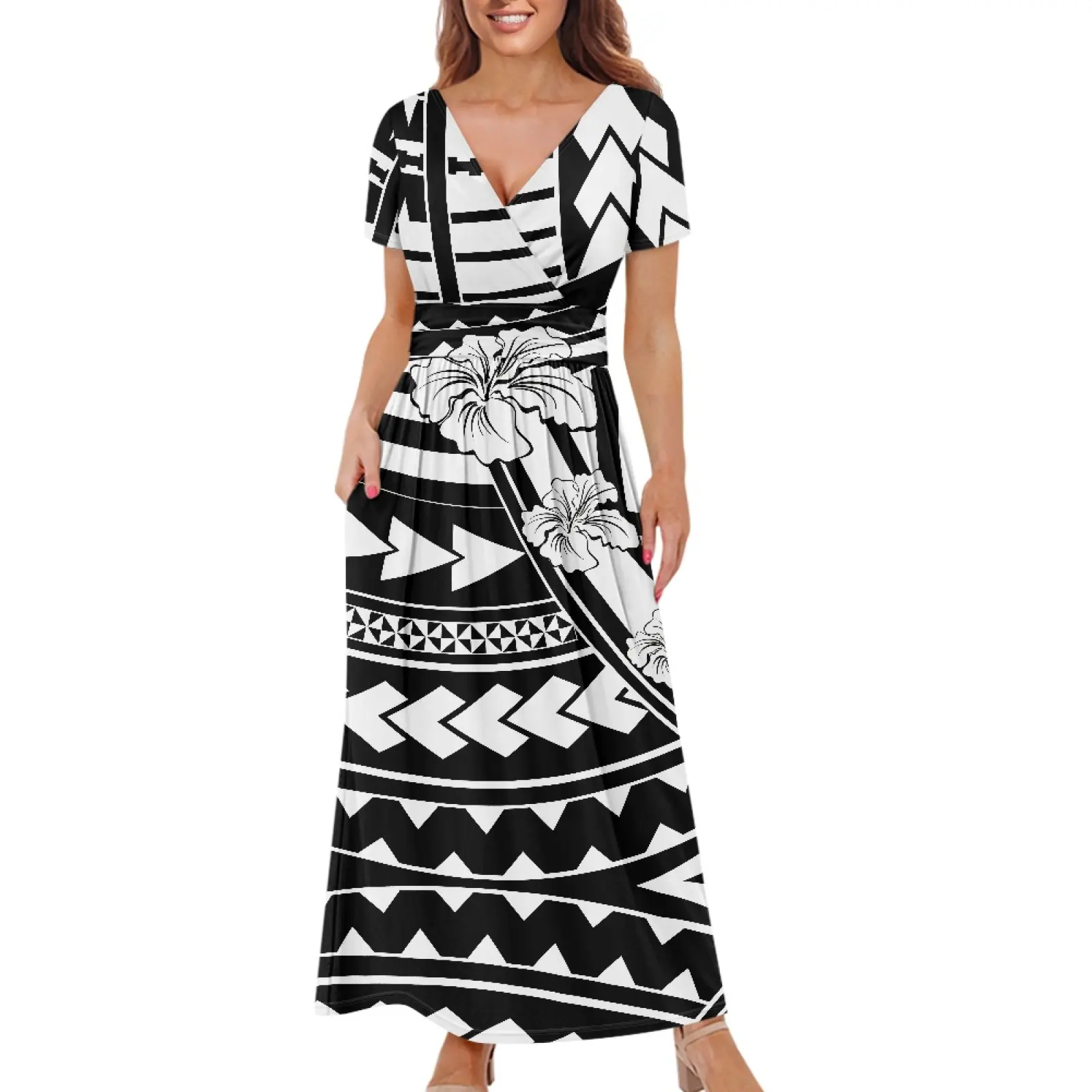 Personnalisé populaire conception tribale polynésienne plage hawaïenne mode quotidienne à la mode femmes col en V motif poche noir longue Maxi robe