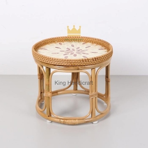 Eco Friendly <b>Round</b> Woven Cane Coffee <b>Table</b> Mother of Pearl Inlay Modern Minimalist Living Room <b>Bedside</b> Side <b>Table</b> - Product Image 1