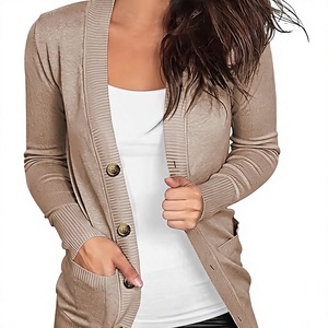 Cardigan en tricot côtelé pour femme, pull à manches longues et devant ouvert avec poche pour le printemps et l'automne - Product Image 1