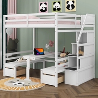 Lit mezzanine multifonctionnel pour enfants avec bureau et banc, escalier de rangement avec compartiments, lit superposé en bois massif blanc pour garçons, filles et adolescents