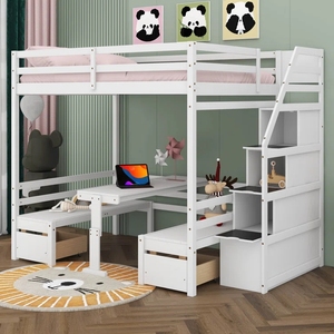 <span class=keywords><strong>Lit</strong></span> mezzanine multifonctionnel pour enfants avec bureau et banc, escalier de rangement avec compartiments, <span class=keywords><strong>lit</strong></span> <span class=keywords><strong>superposé</strong></span> en bois massif blanc pour garçons, filles et adolescents - Product Image 1