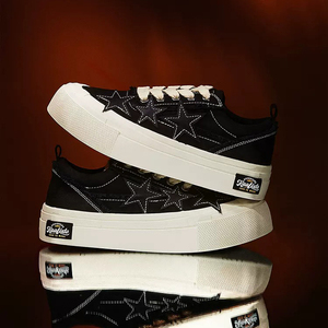 <b>Black</b> Platform Skate Shoes Star Patch Raw Fringe Canvas <b>Sneakers</b> With Thick White Sole - Product Image 5